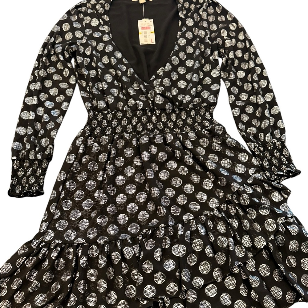 Michael Kors Metallic Polka Dot Georgette Ruffled Dress Black Silver Medium $165